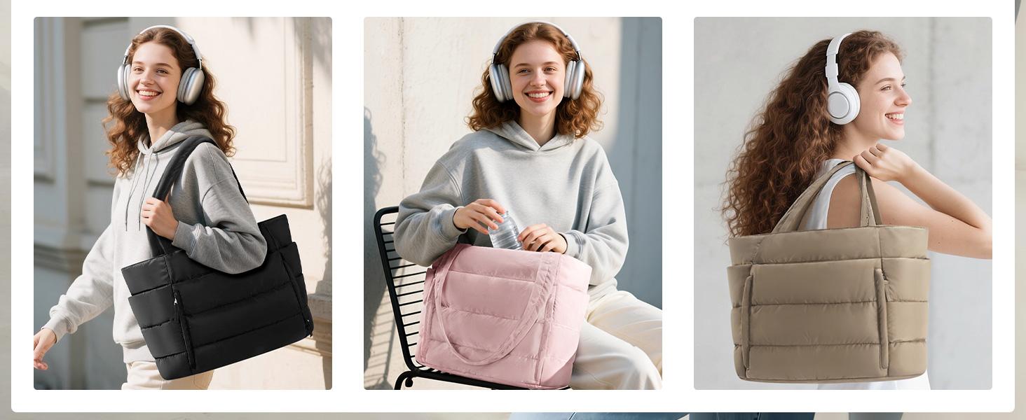 Bagstellar Puffer Tote Bag for Women with Makeup Bag, Large Work Tote Laptop Bag, Lightweight Travel Tote Bag with Zipper Gifts for Women Teacher Nurse Quilted Shoulder Bag for School Gym