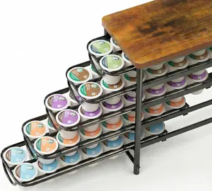 Coffee Pod Holder with Wooden Top 5-Tier Storage Drawer 70 Capacity for K-Cups Home Office Kitchen Counter Black