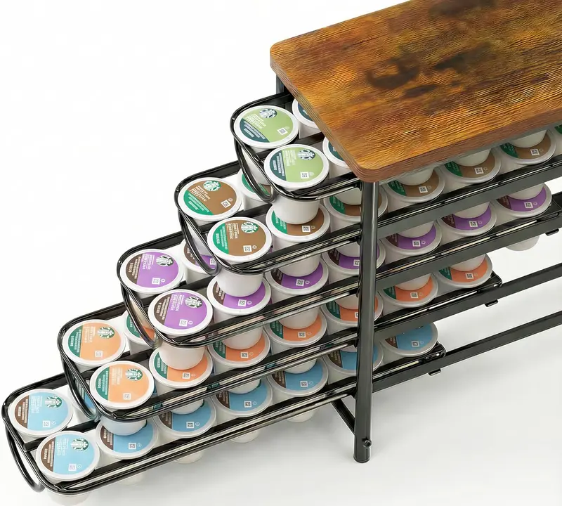 Coffee Pod Holder with Wooden Top 5-Tier Storage Drawer 70 Capacity for K-Cups Home Office Kitchen Counter Black