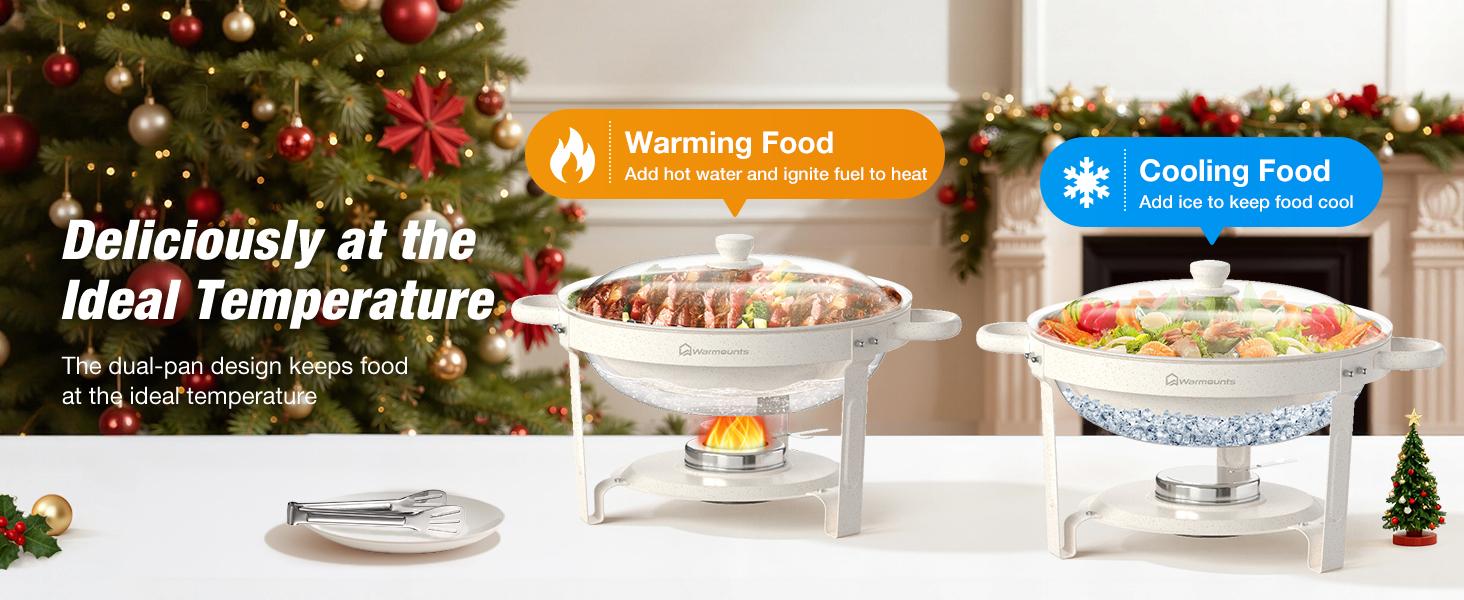 WARMOUNTS 5QT White Chafing Dishes (2-Pack/4-Pack) | Maifanite-Coated & Stackable Buffet Warmers for New Year‘s Party & Winter Gathering | Wedding & Catering