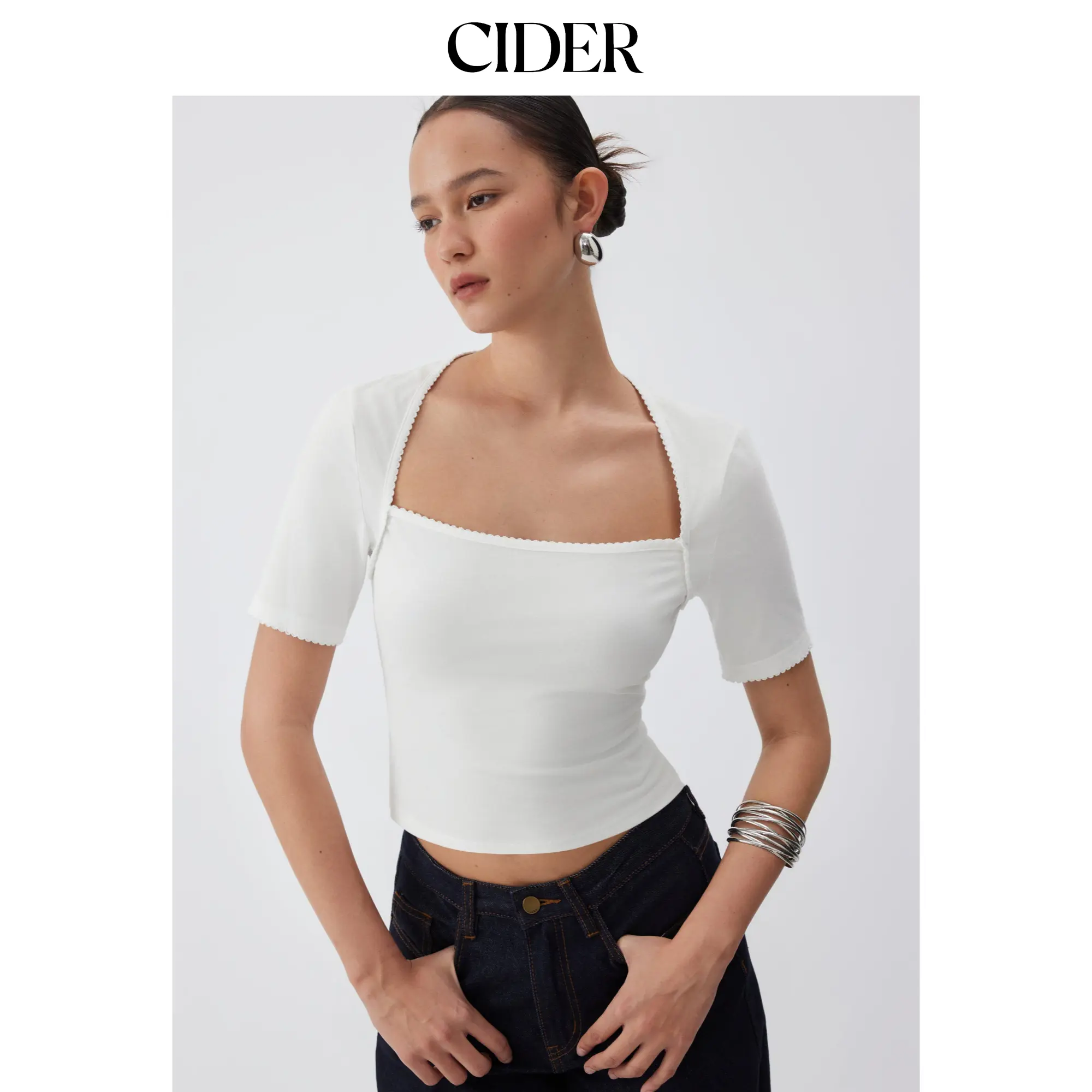 Cider Women's Minimalist Cotton-Blend Square Neck Scallop Trim Short Sleeve Basic Casual Top (Sizes: S-4, M-6, L-8, XL-10)