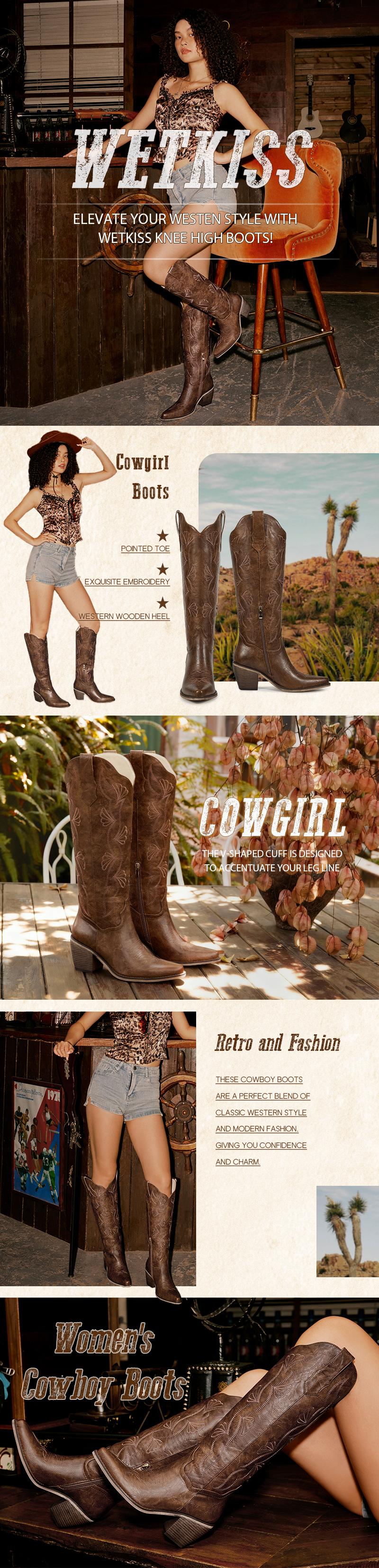 Wetkiss Women’s Knee High Western Boots, Ginkgo Leaf Embroidered Cowboy Style with Chunky Heel and Convenient Side Zip Design ,Women's Shoes,Women's Boots  #TikTokShopSpringGlowUp