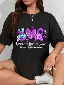 100% Cotton Peace Love Cure Purple Ribbon Chronic Migraine Awareness T-Shirt