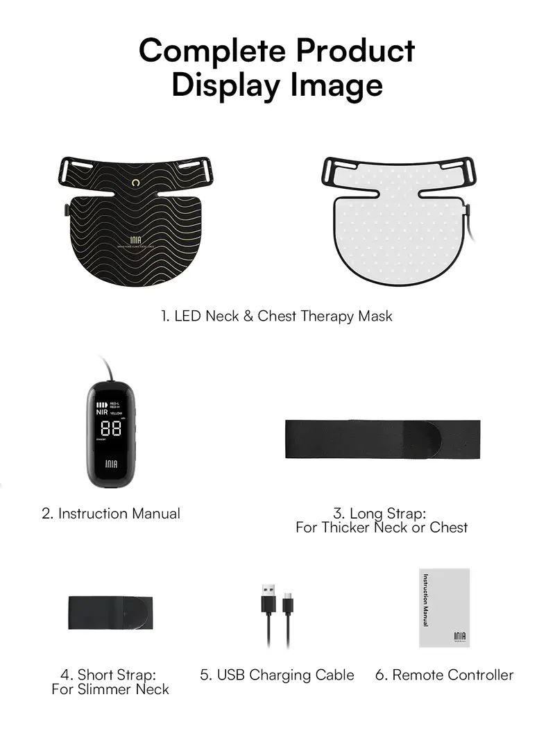 Product Introduction of INIA GLOW Neck & Chest Red Light Mask – 850nm NIR LED Mask for Wrinkle & Spot Reduction, Lift & Firm in 4 Weeks, Rechargeable 2600mAh Controller, Clinic-Grade Full Coverage, Best Valentine's Day Gift for Her 12