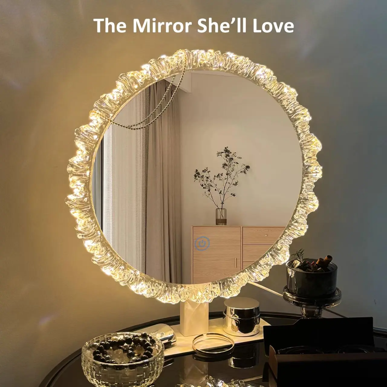 GALENTAL Elegant Iceberg Vanity Mirror with Light, Crystal LED Makeup Mirror with Dimmable 3 CCT, Touch Screen Control, Adjustable Desktop Makeup Mirror for Bathroom, Living Room, Bedroom, Best Gifts - HD Reflection, BackToSchool