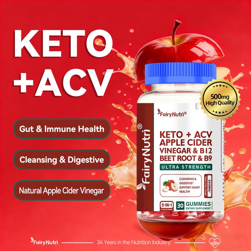 FairyNutri Keto + ACV Gummies, 5-in-1 Apple Cider Vinegar Gummies with Beet Root, Pomegranate, Vitamin B12 & B9, Supports Gut Health, Detox & Energy, 500mg ACV, 30 Gummies