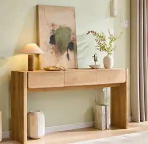 OKD 63" Modern Console Table with Drawers Features 3 Drawers Rustic Farmhouse Entryway Table Rounded Corner Design Sofa Back Companion Table Sofa Table for Living Room, Hallway, and Entryway Use