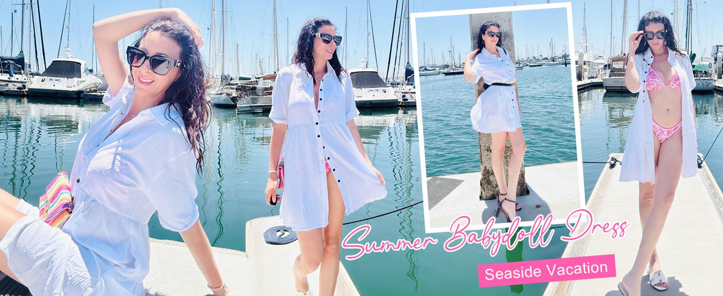 AUSELILY Babydoll Dress for Women Short Sleeve Button Down Textured Non-clingy Loose Fit Flowy Mini Dress with Pockets 2026 New Summer Dress SpringStatements