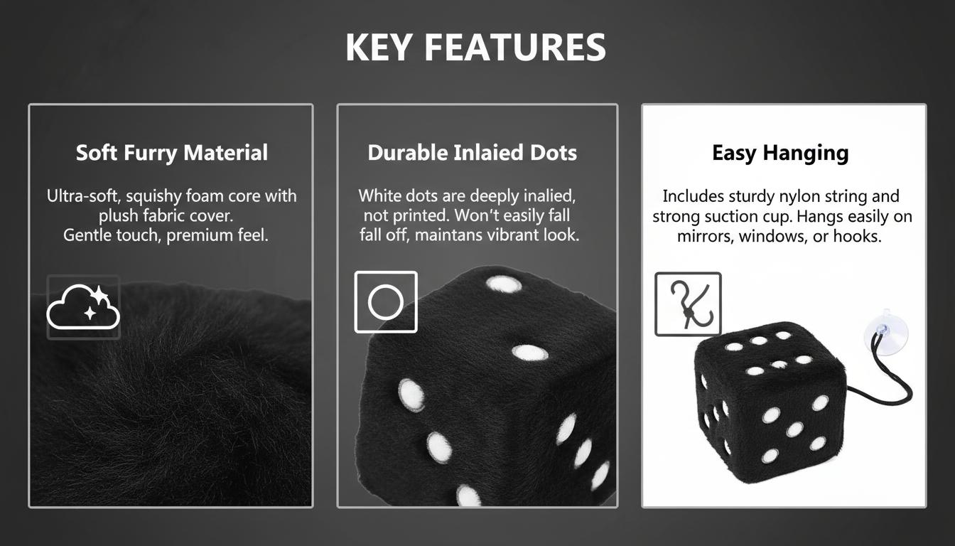 Fuzzy Dice for Car Rear View Mirror 2.76in Black Plush Dice Pair Retro Car Interior Decor Accessories with Suction Cup & Nylon String Ultra Soft Furry Fabric Durable Secure Perfect Size