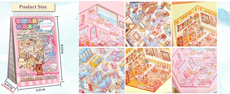 20 Sets DIY Miniature 3D Sticker Scene Book, Sticker Therapy Scenes Collection Book for Adults Stress Relief Pass The Time, Make Your Own House Miniature Cute Cartoon Animal Isometric Scene Funny Stickers