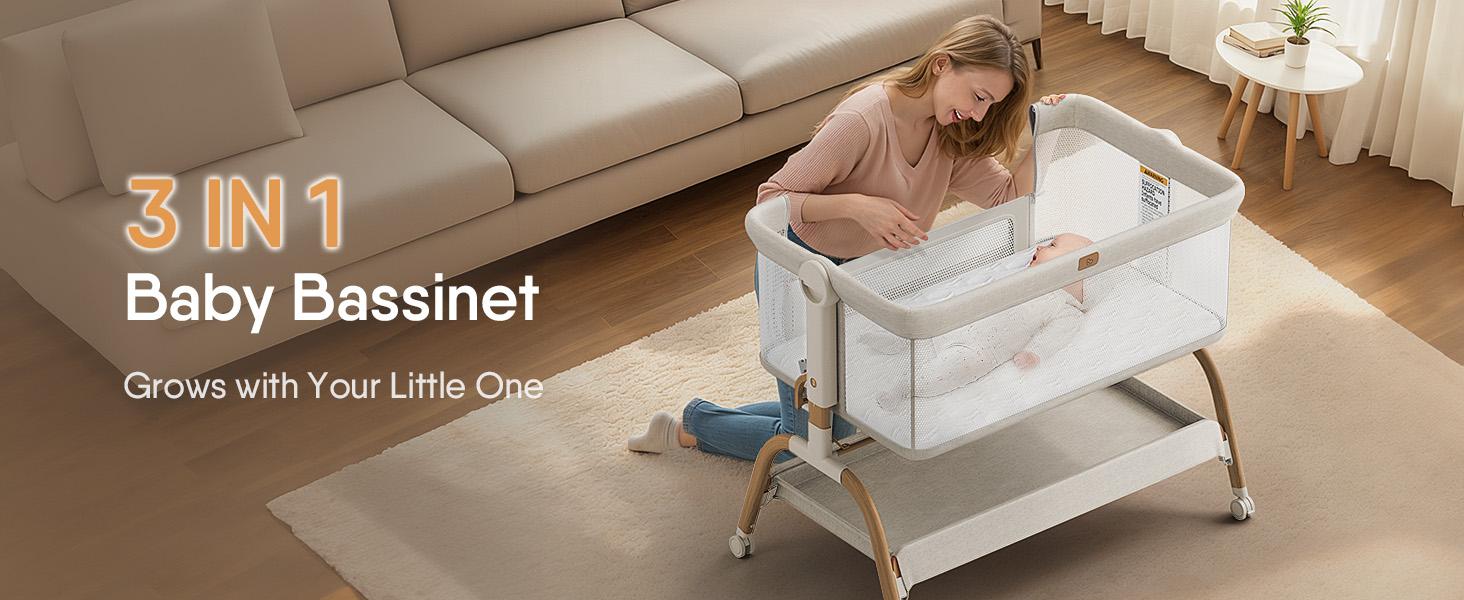 BabyBond 3-in-1 Baby Bassinet Bedside Sleeper, 6-Height Adjustable Crib with Mattress & Soft Breathable Sheet, Full-Mesh Sides and Ventilated Net, Easy-to-Fold Portable Style & Wheels, Safe and Steady Bassinet for Newborns, Ideal Christmas Gift for Babies