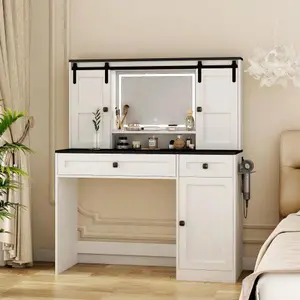 Bellemave   Farmhouse Dressing Table Makeup Table, 43" Wide Dressing Table with Lighted Mirror and Makeup Drawer, Large Modern Dressing Table Set with Hair Dryer Holder for Bedroom, White