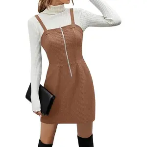 Wenrine Women's Corduroy Overall Mini Dress 2025 Fall Cute Half Zip Bib Pinafore Dresses Jumper