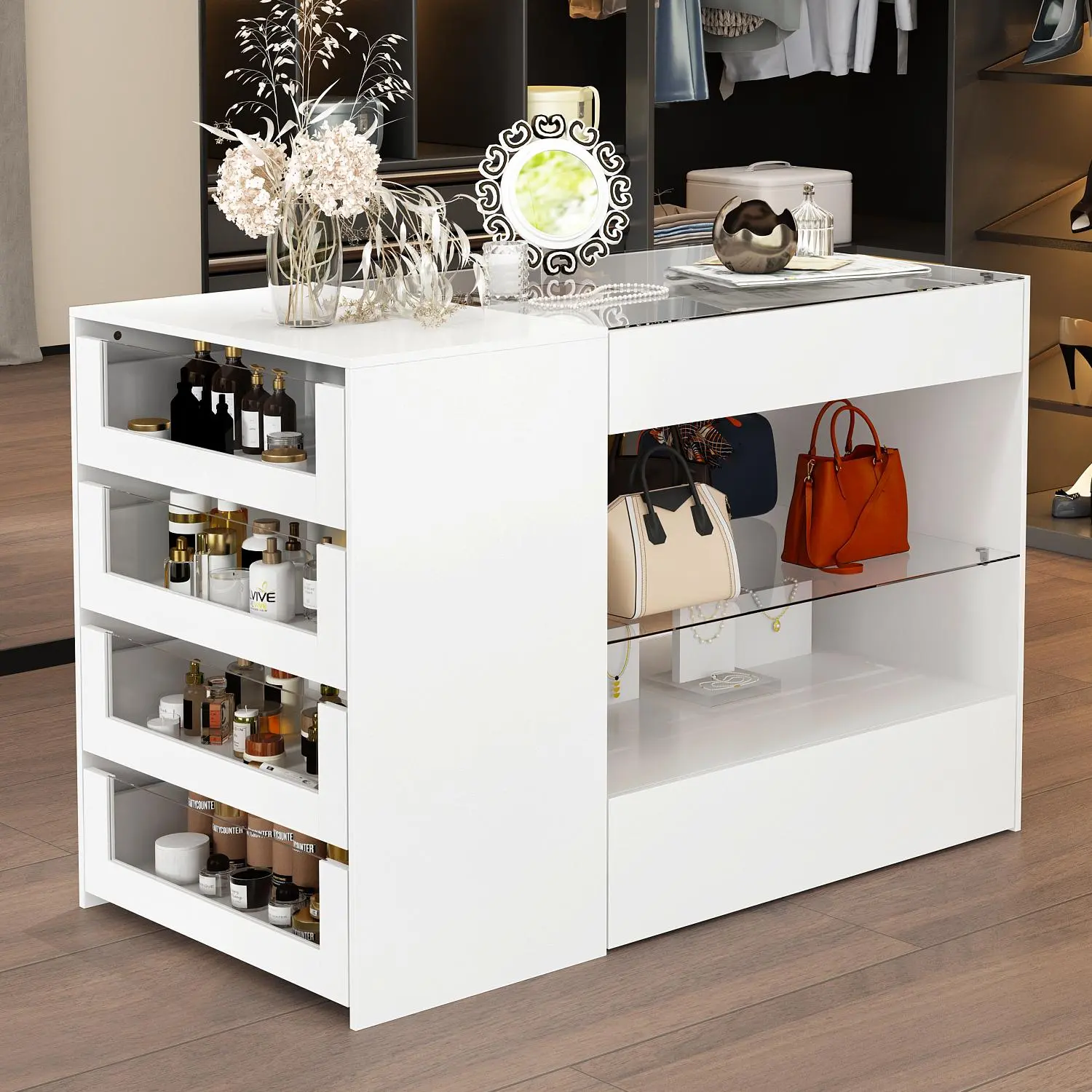 FUFU&GAGA Bedroom Island Wardrobe Closet Island with Glass Tabletop, 47.2”(W) x 23.6”(H) - Minimalist Design for Storage & Display