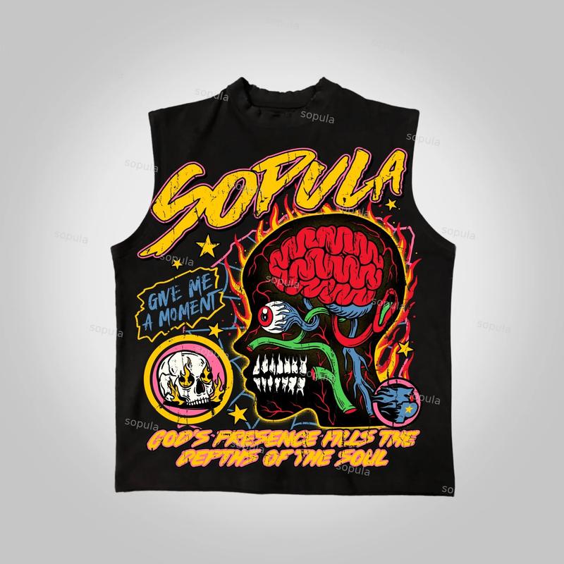 Sopula Studio Men's Graffiti Skull Pattern Cotton Sleeveless Sports Shirt Black