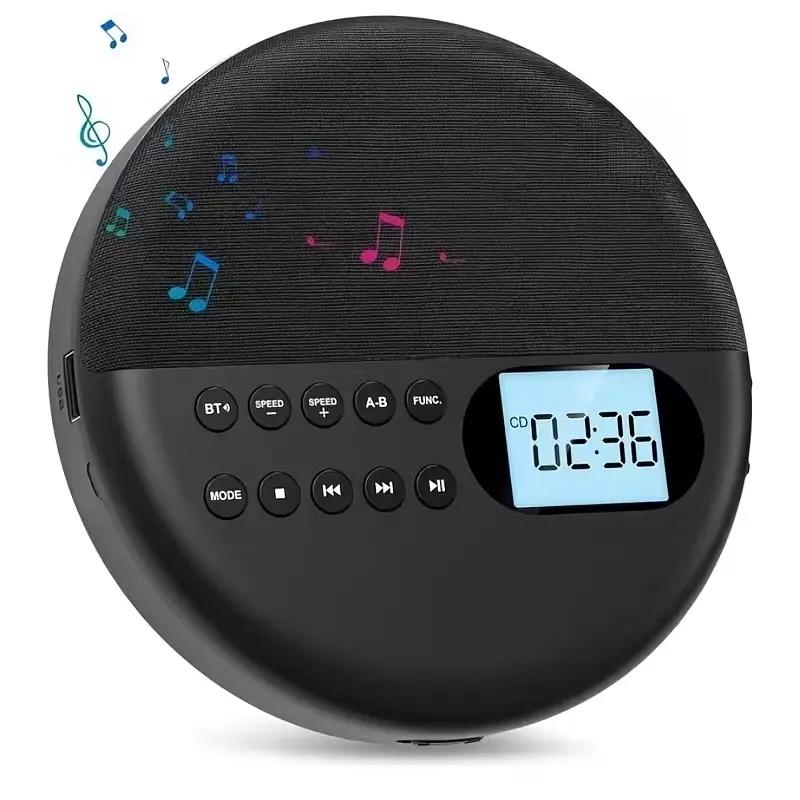 Silent, compact, anti-skip portable CD player with dedicated headphone output, built-in stereo speakers, and last memory function—a rechargeable disc player for office staff to enjoy albums and audiobooks during their lunch break.
