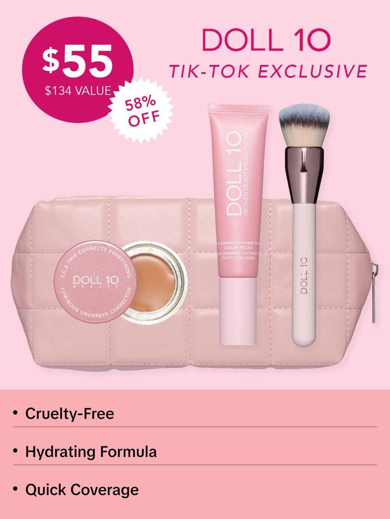 Summer Skin Bundle | Liquid Filter, Smoothing Filter Brush, Luminous Undereye Corrector, and Quilted Pink Makeup Bag