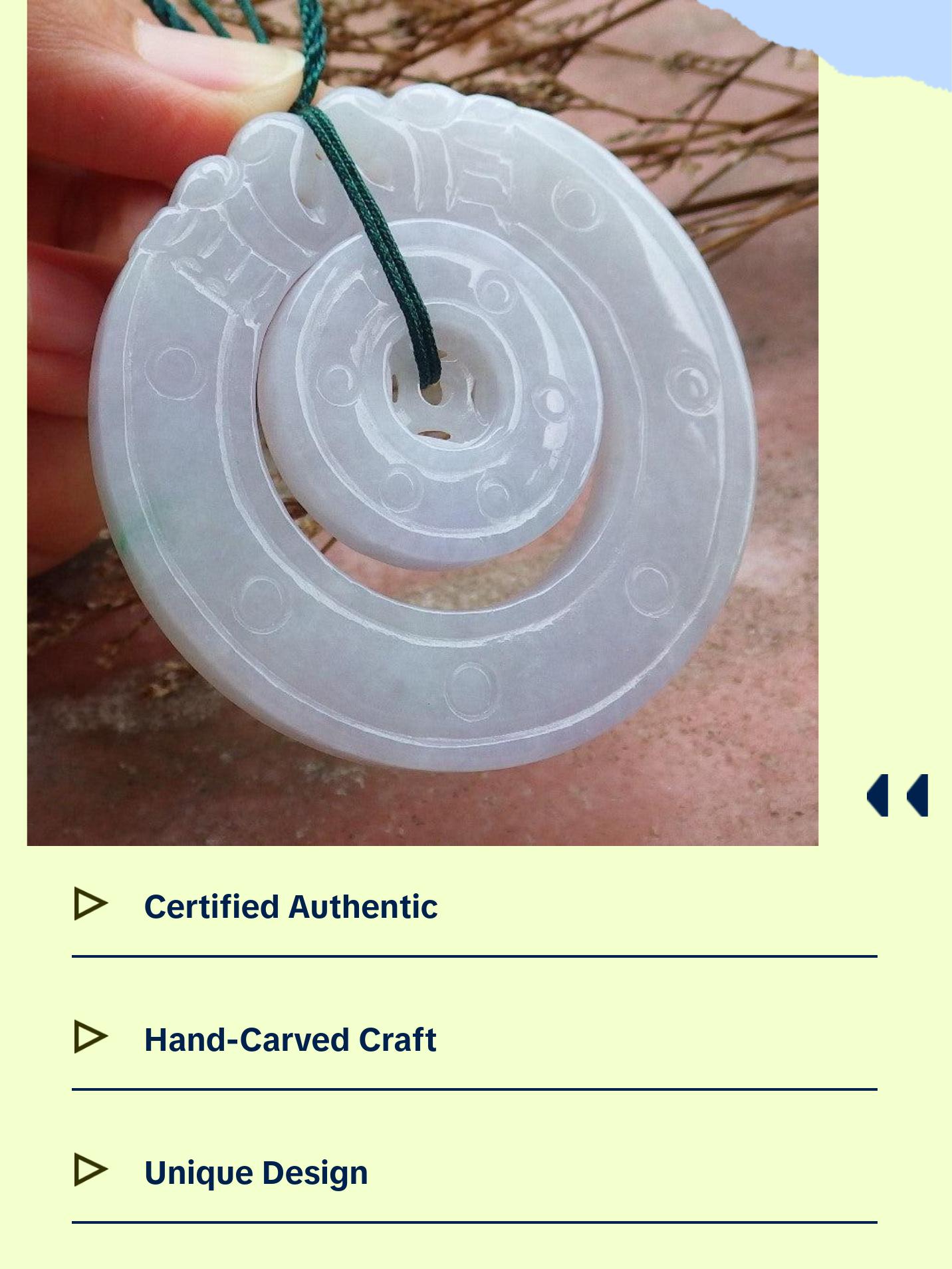 Certified Hand Carved Pale Lavender Green 100% Natural Myanmar Burma A Jade Jadeite Dragon Circle Donut Pendant Necklace