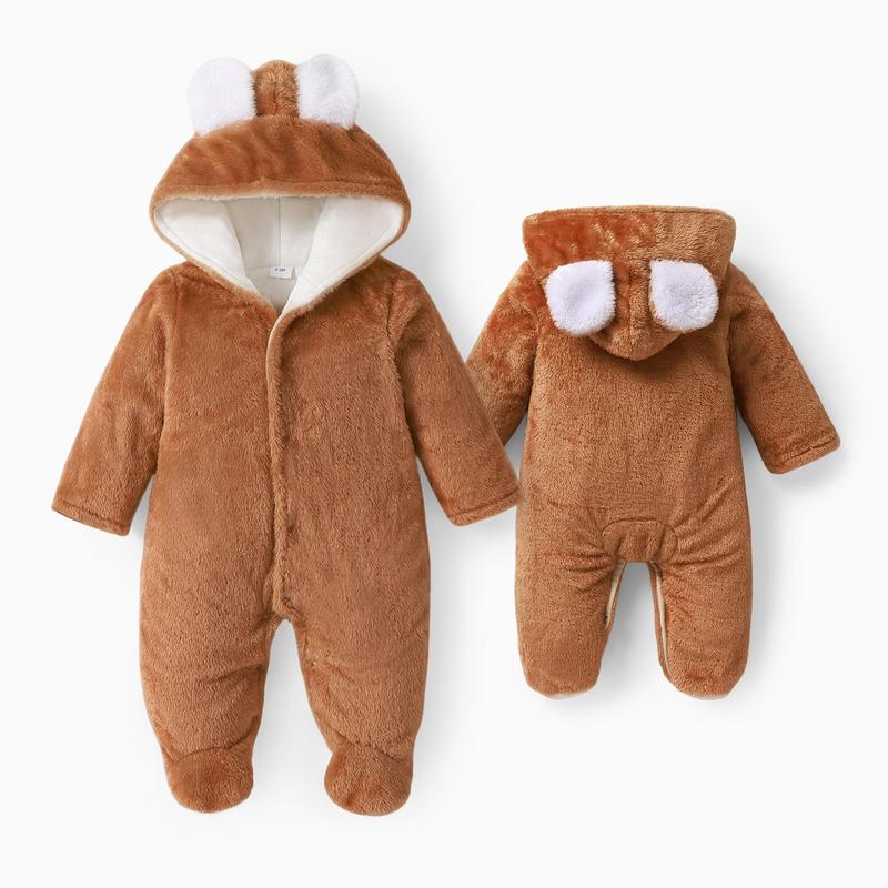 PatPat Baby Boy/Girl Bear Style 3D Ears Hooded Solid Plush Footed Jumpsuit: Soft & Cute for Winter, All-day Snuggle, Keeping Warm & Stylish