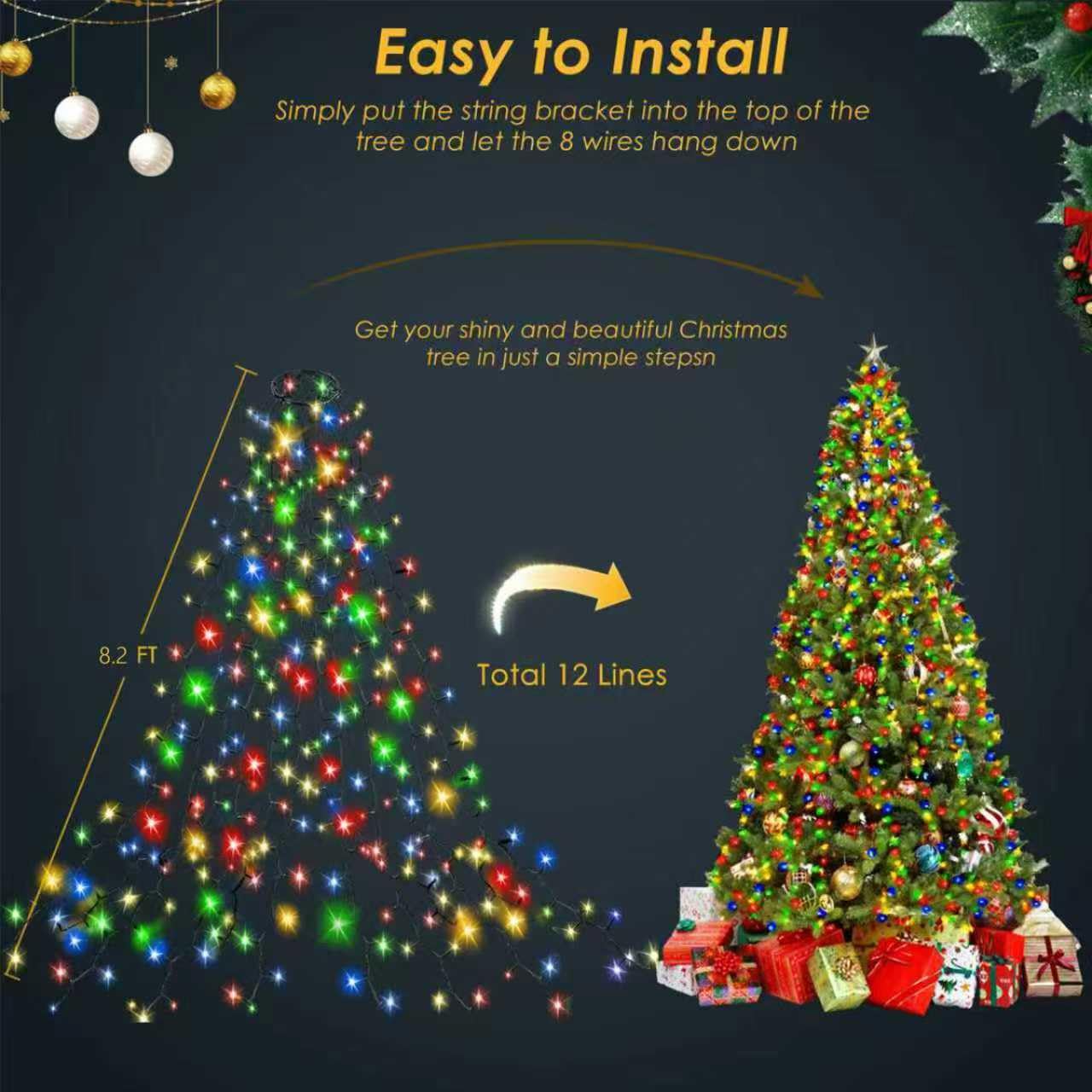 Christmas Tree Lights 420 LED String 8.2FT x 12 Lines 8 Modes Timer Waterproof Twinkle Plug-in for 8FT Xmas Tree Indoor Outdoor Decoration