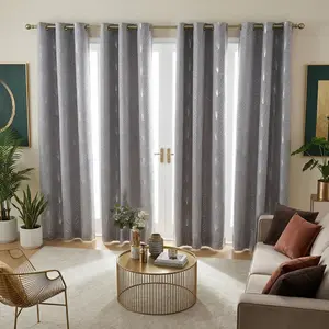 Curtain Club 4 Panels 34x95 inches are made of blackout fabric, with a silver-embossed finish, fan-shaped design, blackout effect, draping quality, elegance, high-end appearance, circular pattern, easy installation, FA003