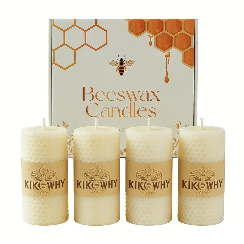 4Pcs Beeswax Candles, White & Yellow Handmade Rolled Candles, Elegant Gift Box Packed, Perfect for Home Bedroom Living Room Dinner Table Decor & Festival Gifting