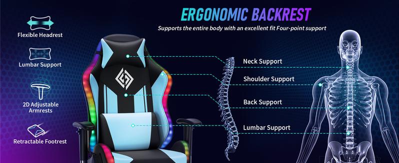 HOFFREE LED Gaming Chair for Kids Reclining Gaming Chairs for Teens 8-15 Computer Chair with RGB Lights Kids PC Game Chair with Footrest and Lumbar Support Video Game Chairs Blue and Black