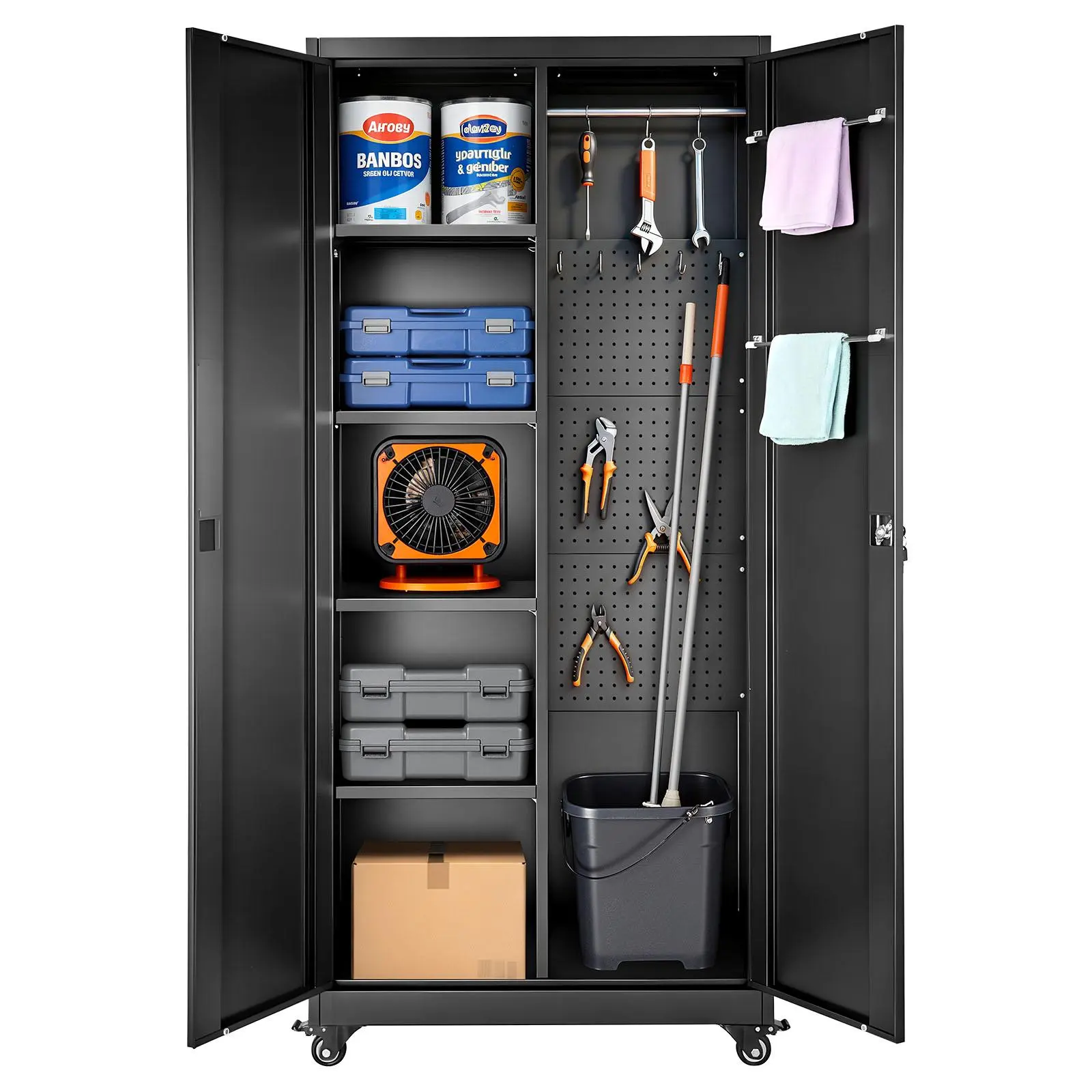 【Summerfinds】All Steel 5-Shelf Cabinet with Lock, 70.6 in Rolling Adjustable Multi-Compartment Cabinet, 2 Magnetic Doors, Hanging Rod & 3 Rod Hooks for Garage, Pantry, 5-Shelf Cabinets, Adjustable Multi-Compartment Cabinets