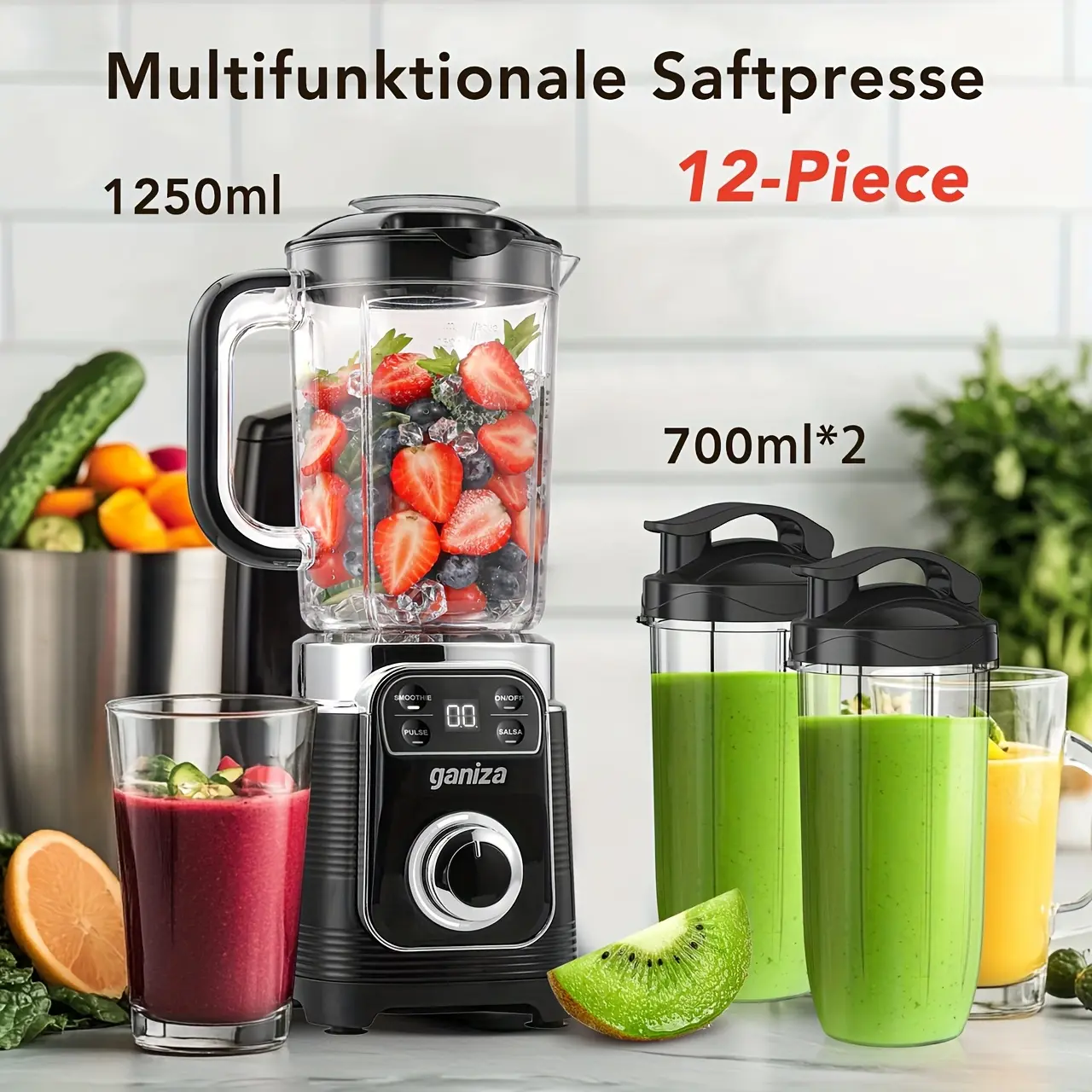 Ganiza Professional 12-in-1 Multifunctional Juicer Portable Blender - 1100W Motor, 25000 RPM, 8 Auto Programs, 64 oz Large Capacity, Dishwasher Safe, Silicone-Enhanced, for Frozen Fruits & Ice, Recipe-Compatible Kitchen Supplies Food Processor