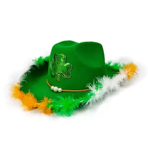 Patrick's Day Frayed Shamrock Party Cowboy Hat, Green Carnival Party Silver Frayed Cowboy Hat