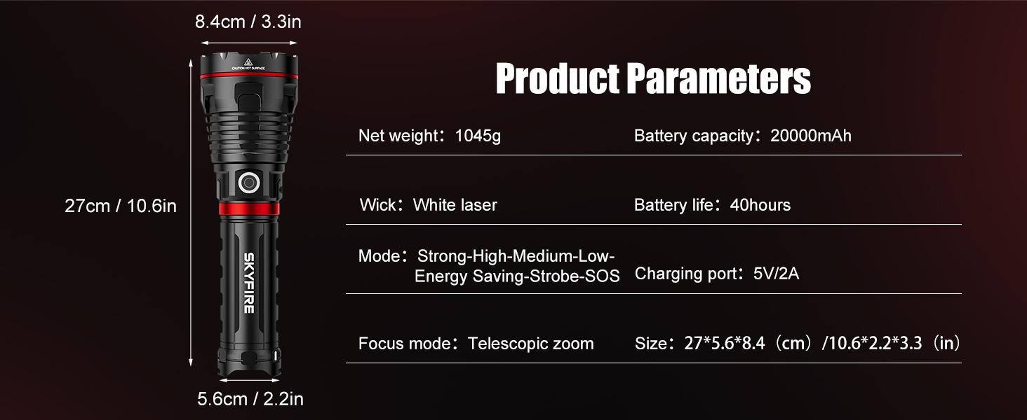 SKYFIRE 1209 Rechargeable  Flashlight - Waterproof, 3 Modes & Carry Strap, 20000mAh Super Bright Instant Light for Camping Emergency Power Outage