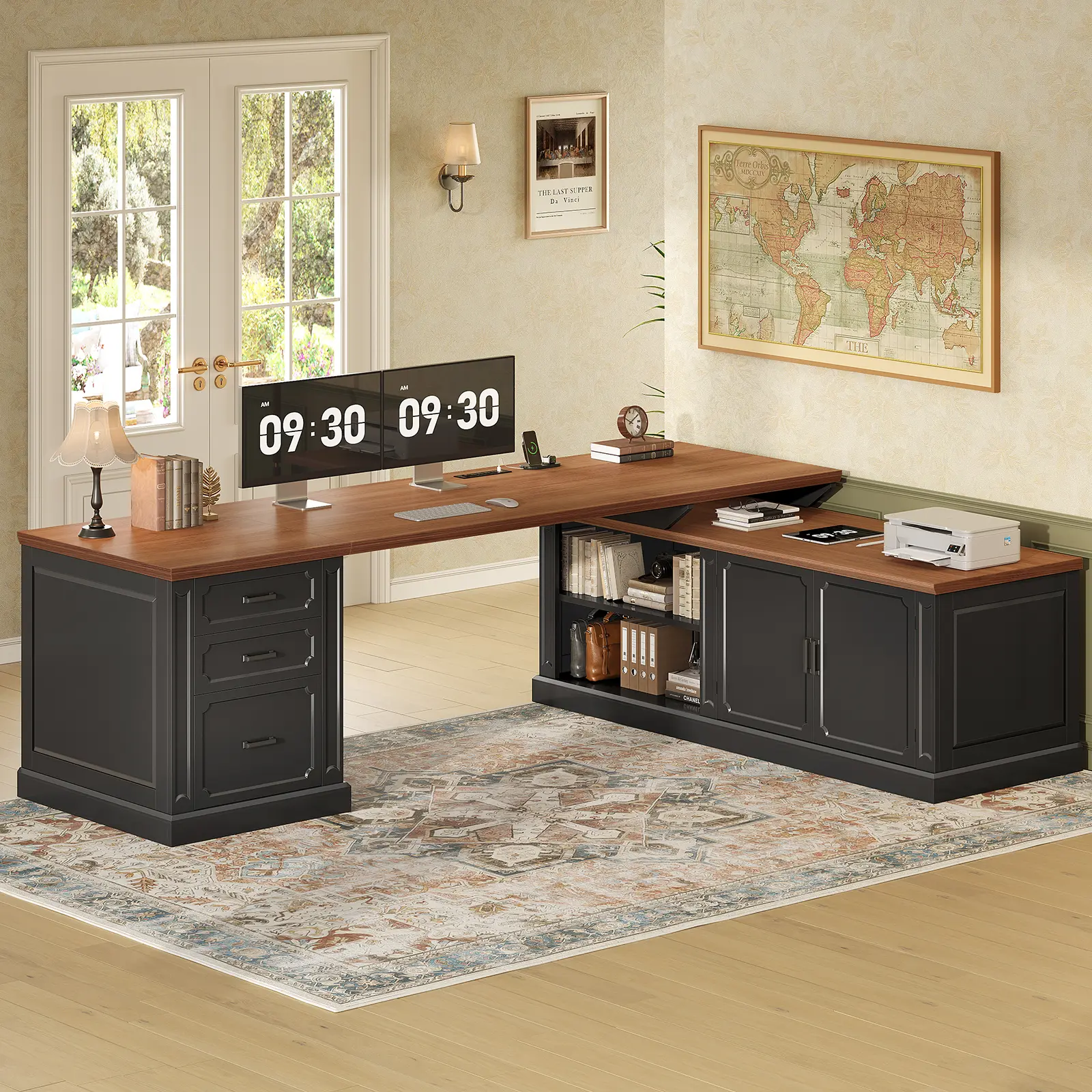 SEDETA Rustic Distressed Wood Grain Reversible L-Shape 2-Person Office Desk - 70.9"-105" Adjustable Shared Worktop, 2-Drawer Storage, A4 Cabinet, Shelves, Charging Port, Power Outlet, 105" Shared Desk