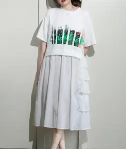 YCHIEF Women's Oversized Letter Print Short Sleeve Dress & Gradient T-shirt Set Ruffles Spaghetti Strap Babydoll Comfortable Summer Outfit