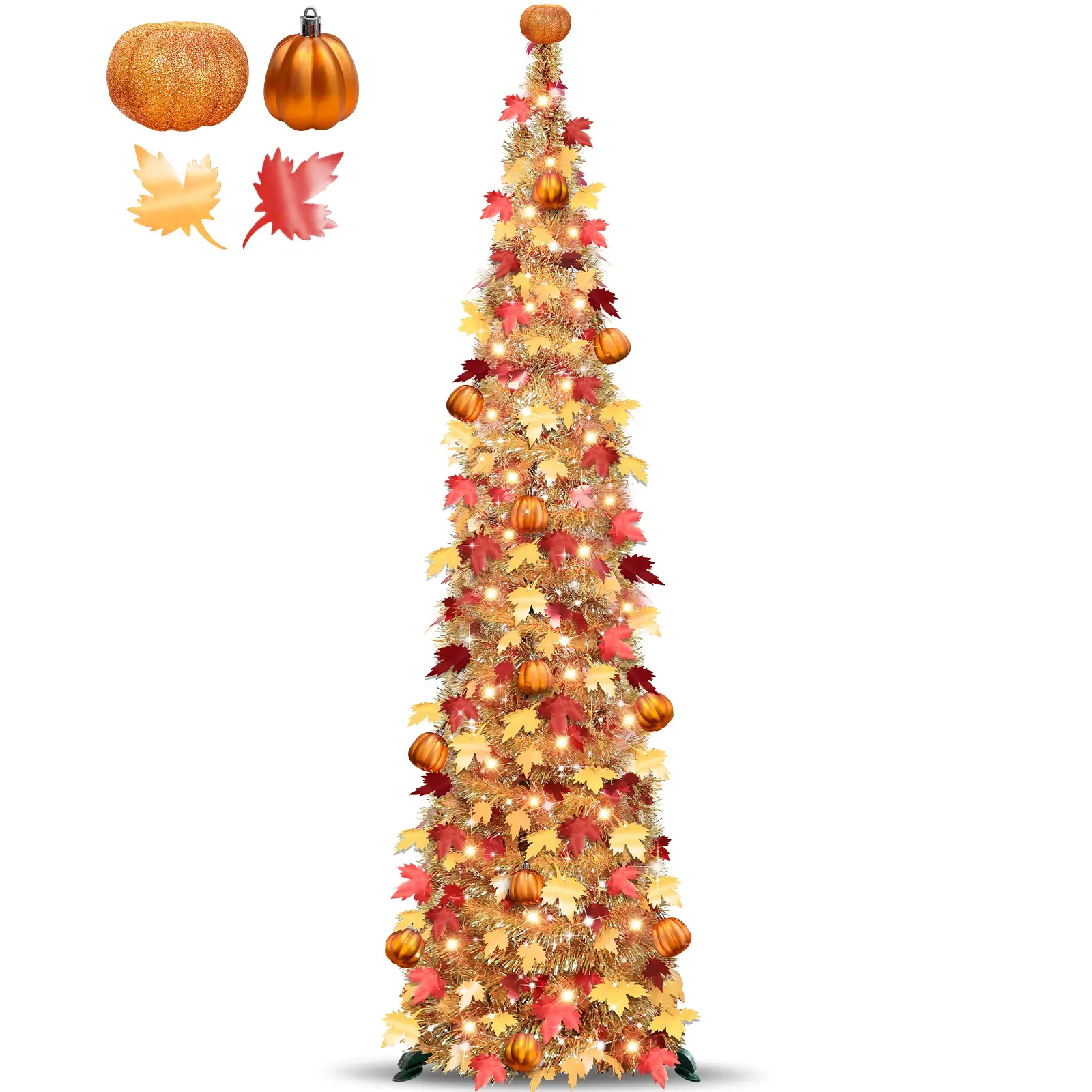 5 FT Fall Tree Fall Decor, Pop Up Tinsel Maples Tree with 50 Warm White Lights Orange Pumpkins Battery Operated Lighted Halloween Tree Fall Decorations for Home Harvest Thanksgiving Party Indoor