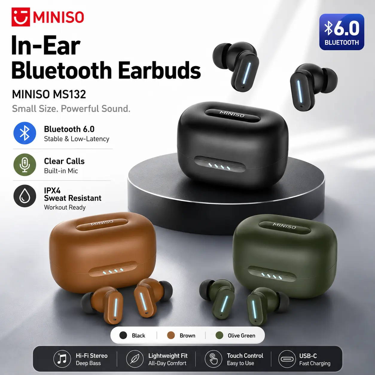 MINISO MS132 TWS Noise Cancelation Wireless Earbuds - Bluetooth 6.0 Headset, In-Ear Design, Active ANC, Water Resistant, Built-In Microphone, Suitable for Sports & Office Use, Electronic