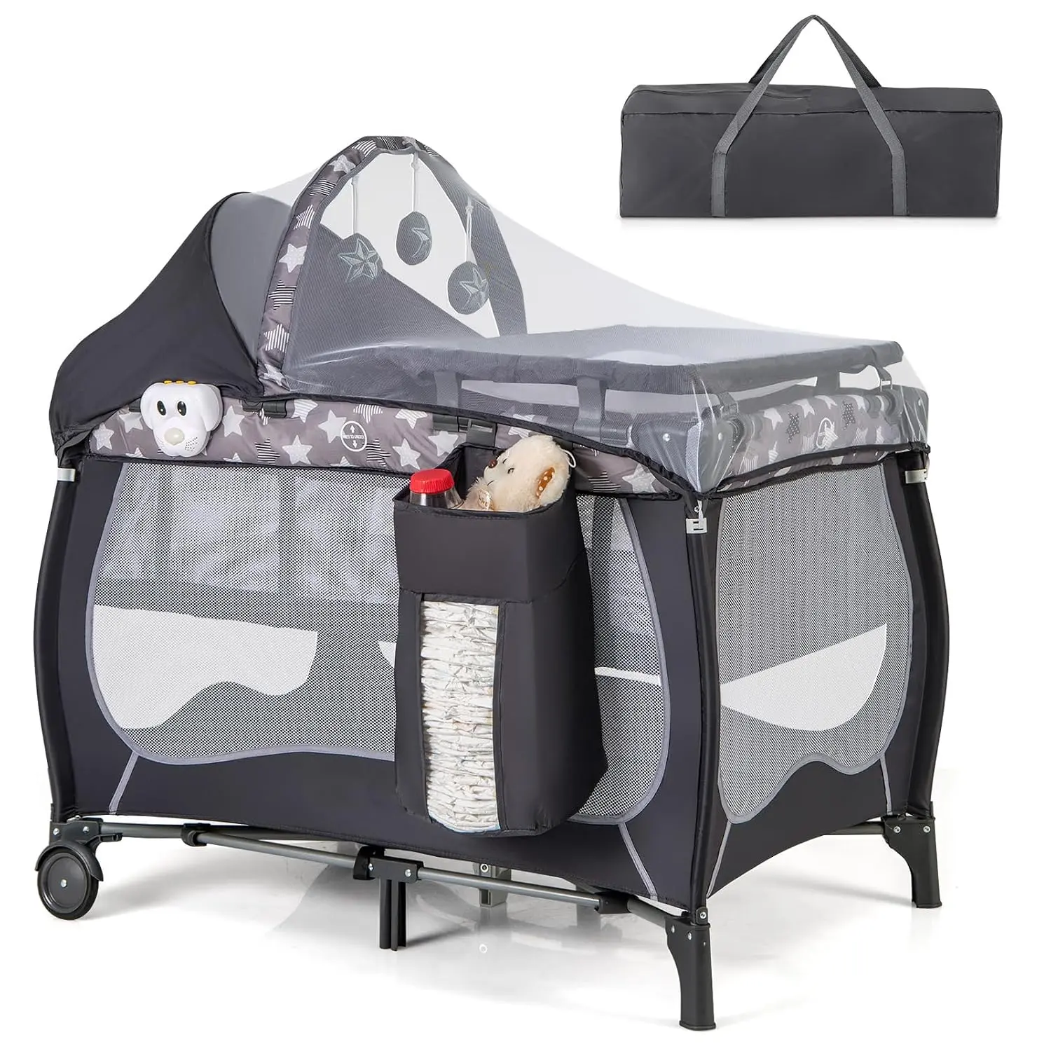 Costzon 4-in-1 Multi-Use Pack and Play, Portable Crib for Unisex Baby & Newborn Baby with Bassinet, Adjustable Canopy, Changing Table, Lockable Wheels, Music Box, Travel Crib for Toddlers, Playpen For Baby