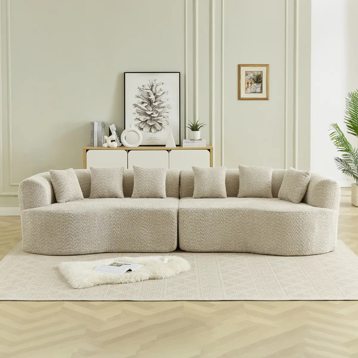 [Bellemave] 111.5-inch Luxury Curved Sectional Sofa| Corduroy 4-Seater Memory Foam Couch| 6 Pillows