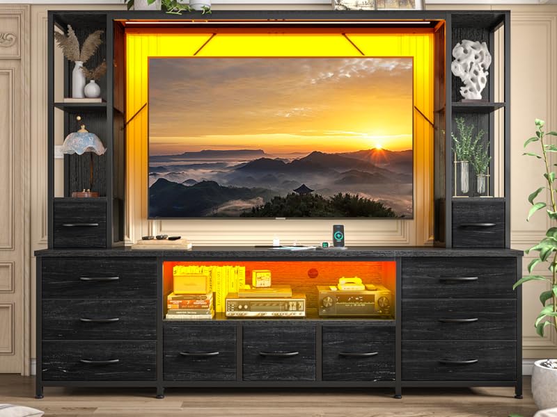 RaybeeFurniture 65" TV Stands for Living Room, Large Wall Unit Entertainment Center with 11 Fabric Drawer,Dresser TV Stand with 2 LED Lights & Power Outlets,TV Stand for Bedroom with Storage Shelf