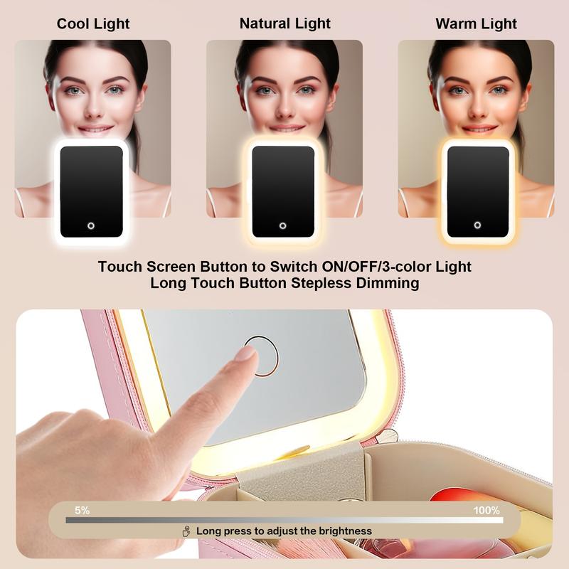 Makeup Bag with Mirror and Light Travel Makeup Train Case Cosmetic Bag, LED Makeup Mirror Case with 3 Adjustable Color Light Settings, Dust-Proof Jewelry Box, Mini Cosmetic Train Case Makeup Bag with Mirror and Light Travel Makeup Train Case Cosmetic Bag, LED Makeup Mirror Case with 3 Adjustable Color Light Settings, Dust-Proof Jewelry Box, Mini Cosmetic Train Case