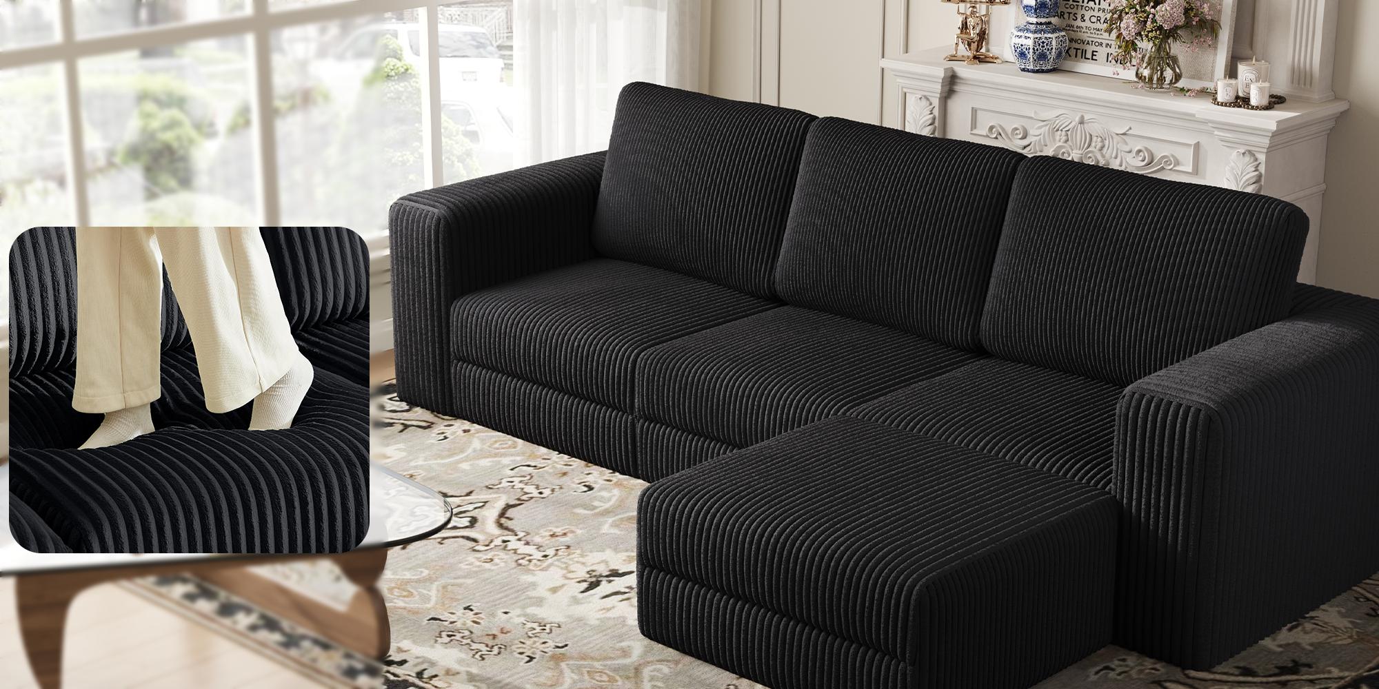 【SPOTLIGHT DAY】ONBRILL 3 Seater 110" Comfy Corduroy Cloud Modular Couch with Chaise(2 Packages Shipping), L-Shaped Sectional Sofa Couch with Deep Seat, Modern Upholstered Couches for Livingroom Bedroom Furniture, No Assembly Required,DIY,Breathable