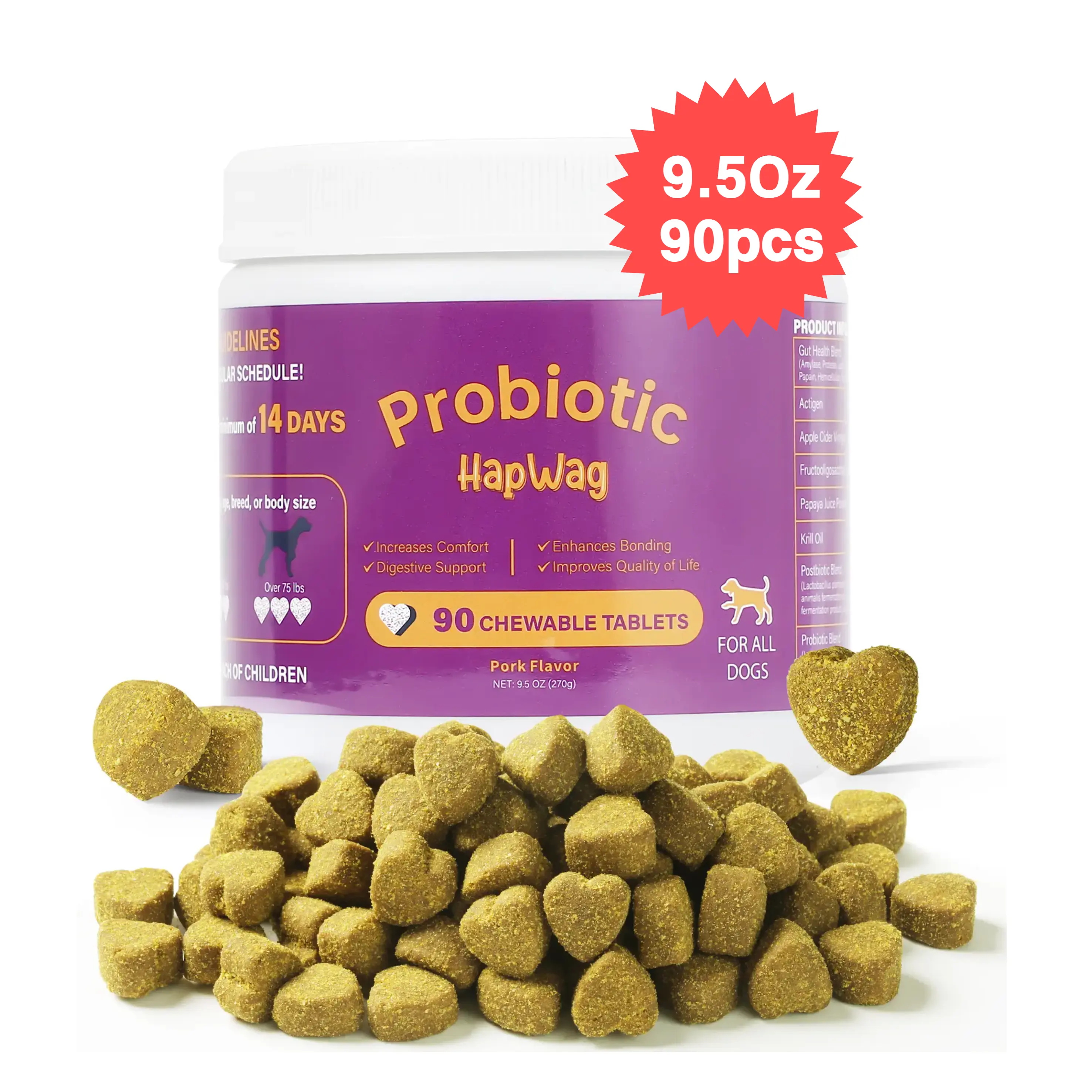 HAPWAG 8-in-1 Gut Support Multivitamin Soft Chew Dog Supplements - Natural Pork Flavor, Probiotics, Immune Support - 9.5Oz (270g), 90-Count Dog Health Treats, 8‑In‑1 Vitamins