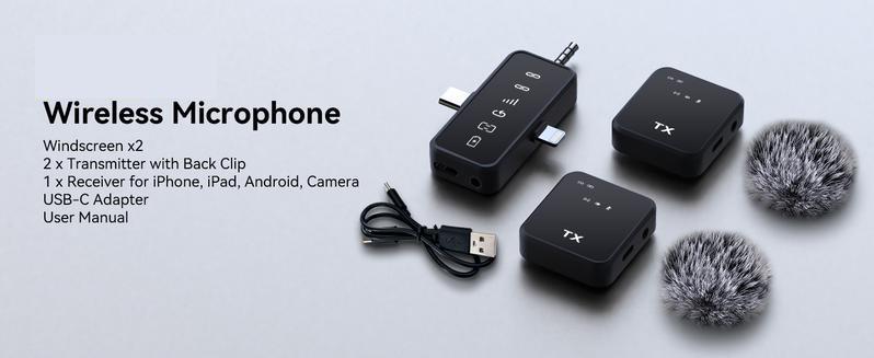 2-Pack Wireless Lavalier Microphone,for iPhone/Android/Camera, 328ft Transmission, 18H Battery Life, Mini Microphone for Record Interview, Vlogs, YouTube