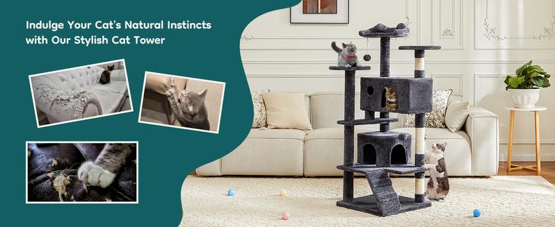 Cat Tree Tower for Indoor Cats 54in Tall Multi-Level Pet Furniture with Sisal Scratching Post, Plush Toy, and Climbing Ladder