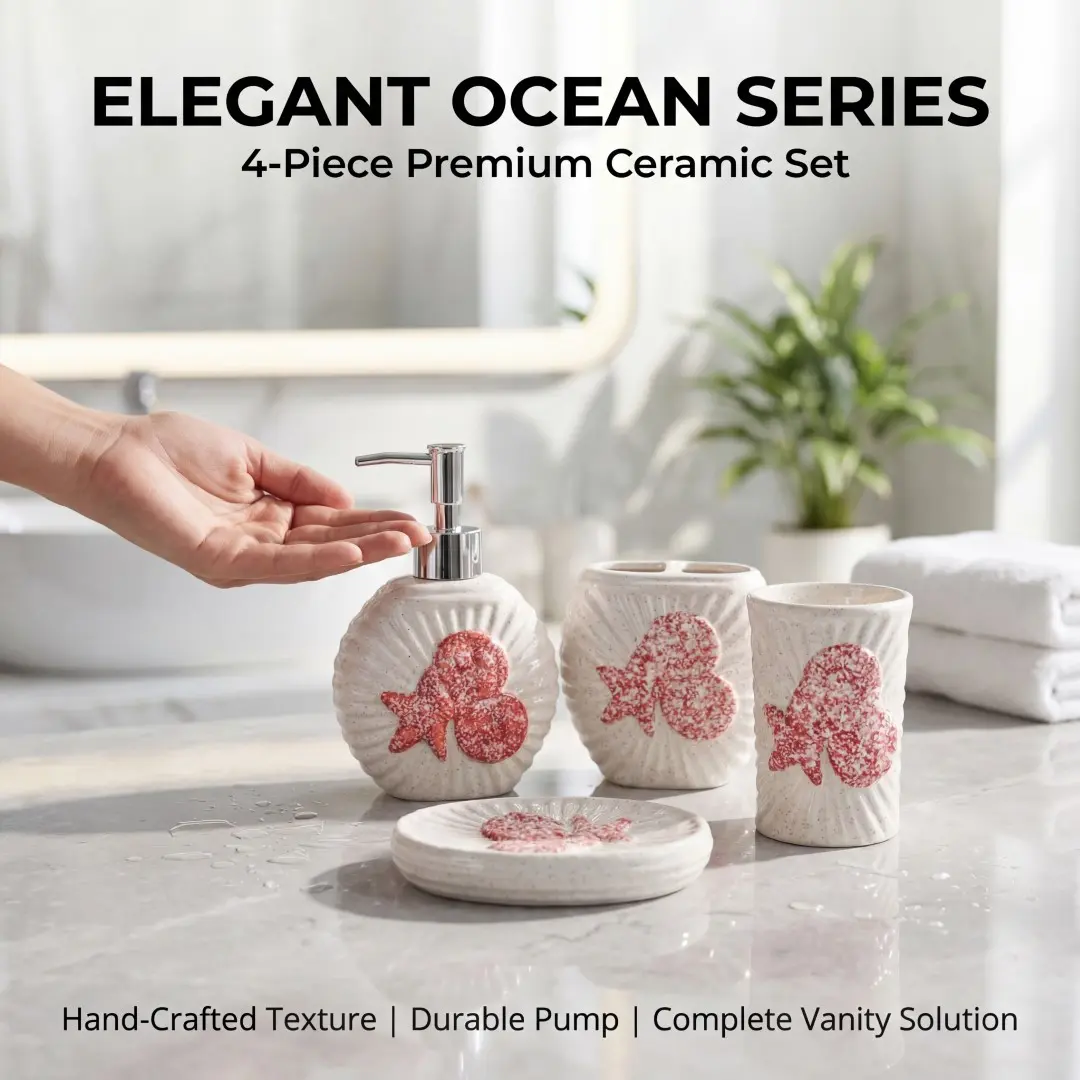Luxury 4-Piece Ceramic Bathroom Accessories Set - 6.5 in Gift with Pump, Luxury Finishes Soap Dispenser, Toothbrush Holder, Tumbler, Soap Dish - Coastal Shell Design for Modern Homes
