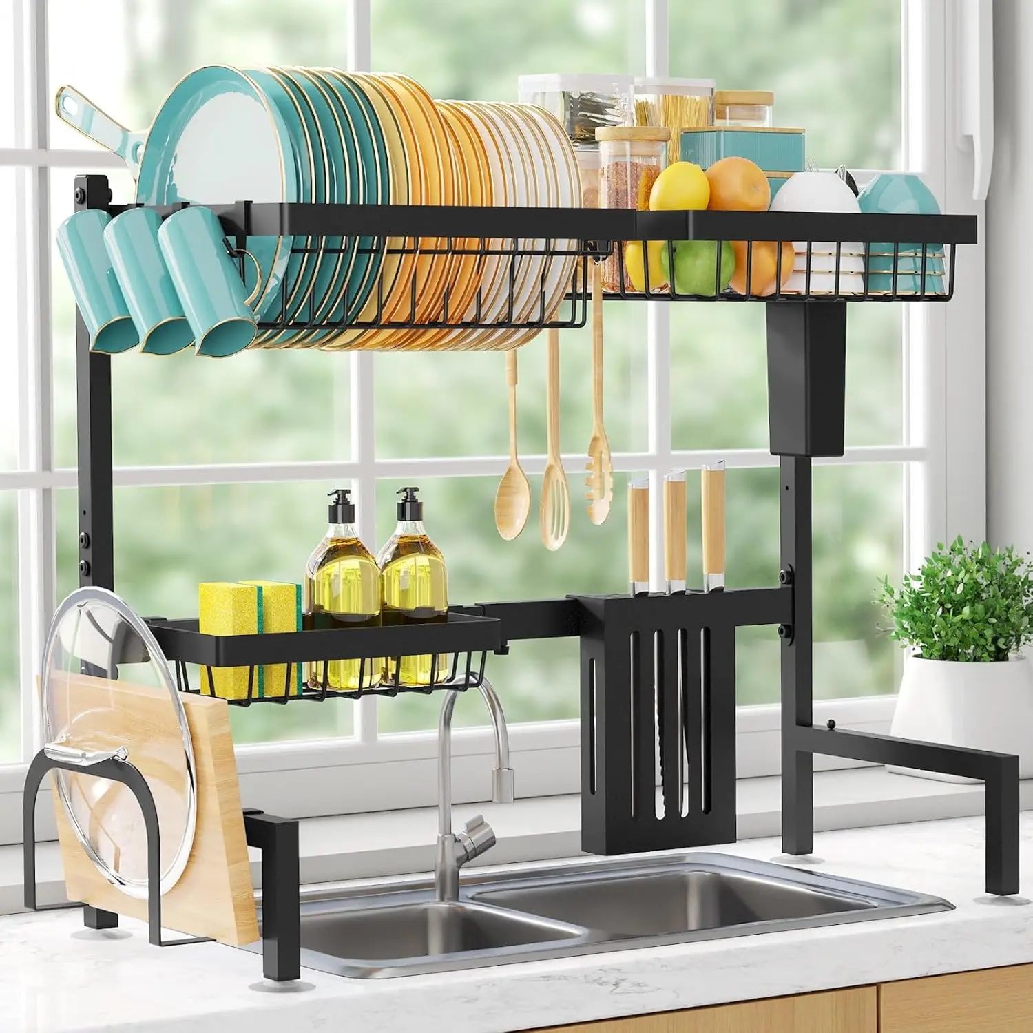 Over The Sink Dish Drying Rack Adjustable 2 Tier Large Capacity Stainless Steel Drainer with Cutlery & Utensil Holders Kitchen Storage Organization 30-33.9" L x 11" W x 21.5" H Black