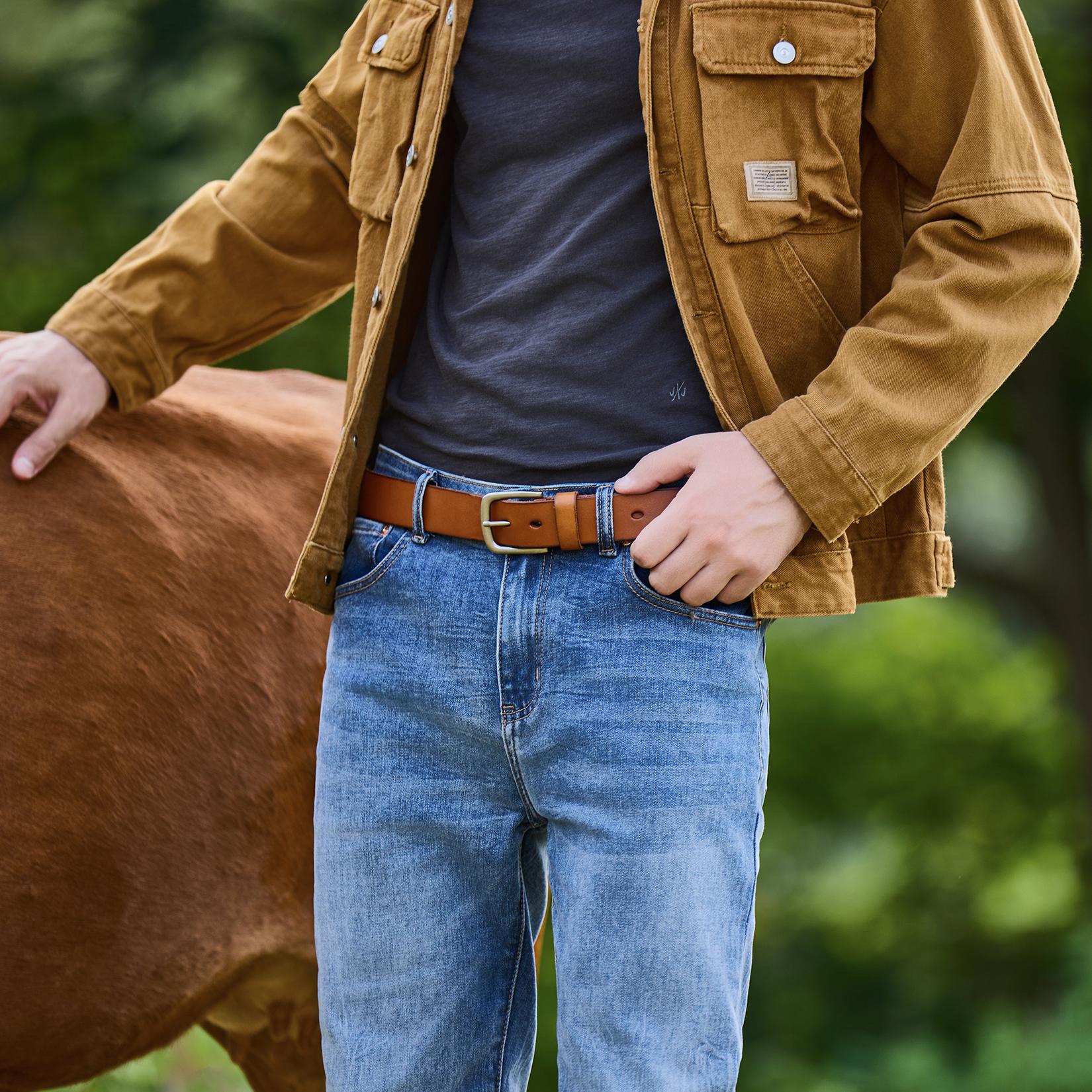 VATAN Mens Leather Jeans Belt Handmade Hardness Cow Leather Fashion Classic Designs for Daily Wear Work Business Dress & Casual in Gift Box Fashionable Metal Buckle