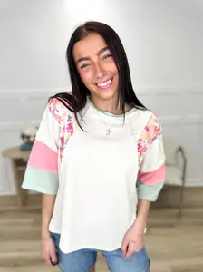 Over Here Manifesting Ribbed 3/4 Sleeve Oat Avery Mae Top - True to Size Oversized Fit with Stretchy Ribbed Fabric & Floral Accents