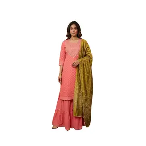#3PS-21 Coral Pink Kurta–Sharara Set with Mustard Bandhani Dupatta (3‑Piece)
