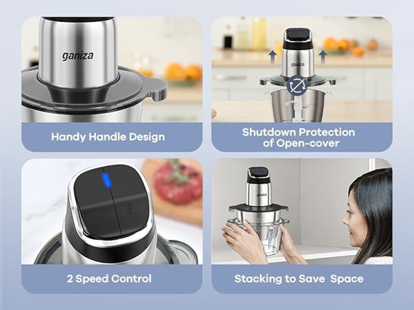 Ganiza Food Processor with 8 Cup Glass Bowls & 8 Cup Stainless Steel 2-Speed Food Chopper Meat Grinder Upgraded Button & Smart Overheat Protection Light - Includes Clean Brush 2 Sets of Blades