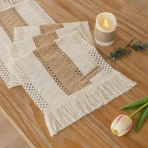 Boho Farmhouse Macrame Table Runner, Woven Cotton Tassel Decor, 72" x 12"